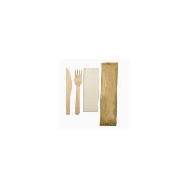 Picture of Wooden cutlery set, 3 piece & napkin, in wrapper.