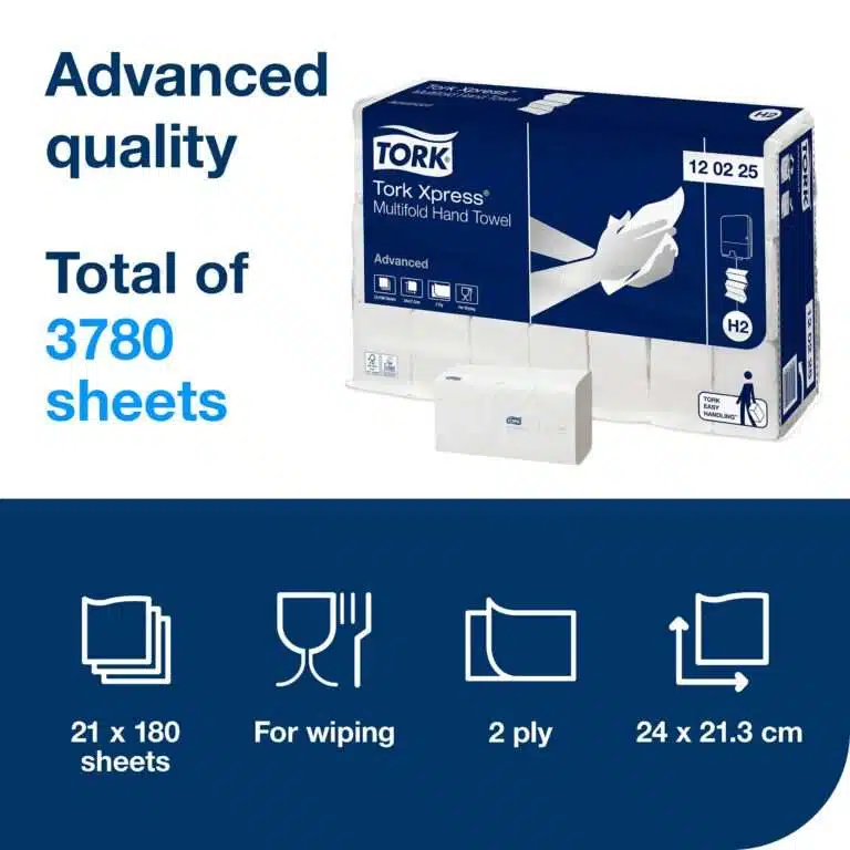Picture of Tork Xpress® Multifold Hand Towels White H2, Advanced, 2-ply, Z-fold, 100% Recycled Fibres, 21 x 180 Sheets, 120225