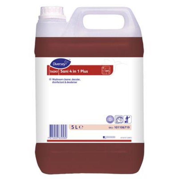 Picture of TASKI Sani 4 in 1 Plus Washroom cleaner, descaler, disinfectant and deodoriser  5L Clearance