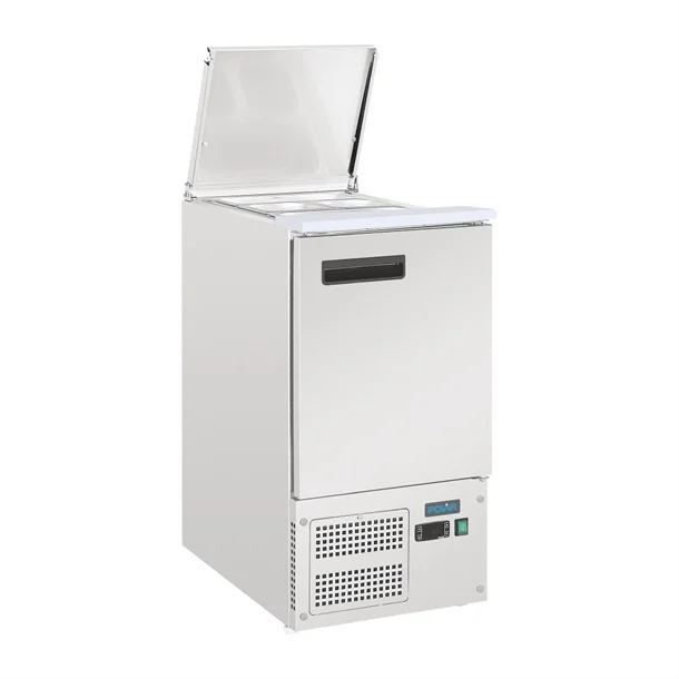Picture of Single Door Saladette Prep Counter Fridge, 2 in 1 fridge and salad topper area.