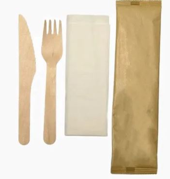 Picture of Wooden cutlery set, 3 piece & napkin, individually wrapped