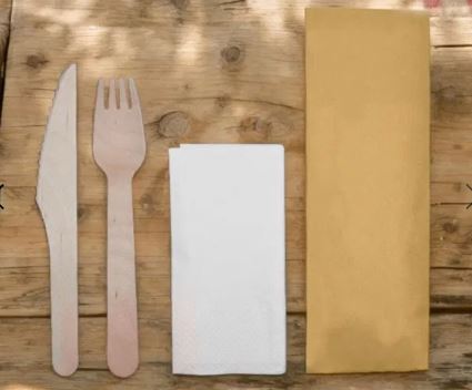 Picture of Wooden cutlery set, 3 piece & napkin, individually wrapped